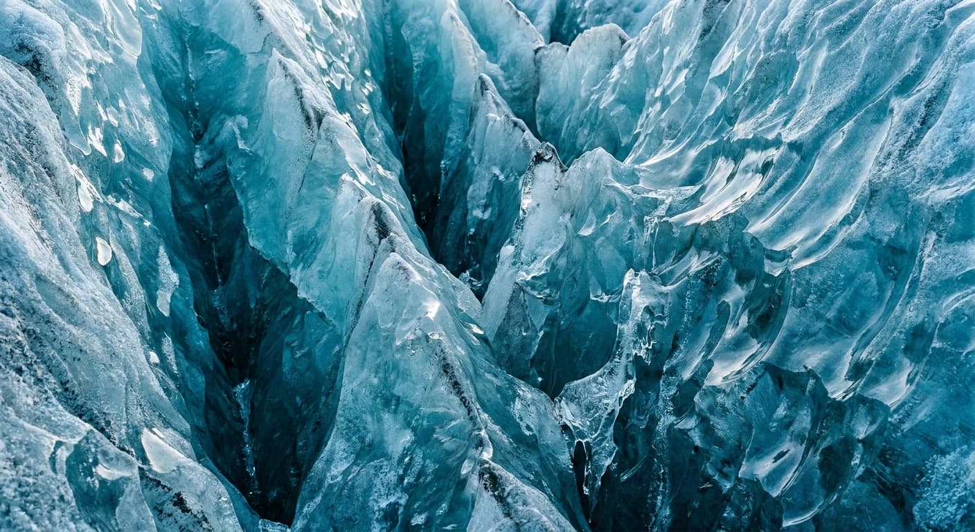Deep blue glacial ice crevasse